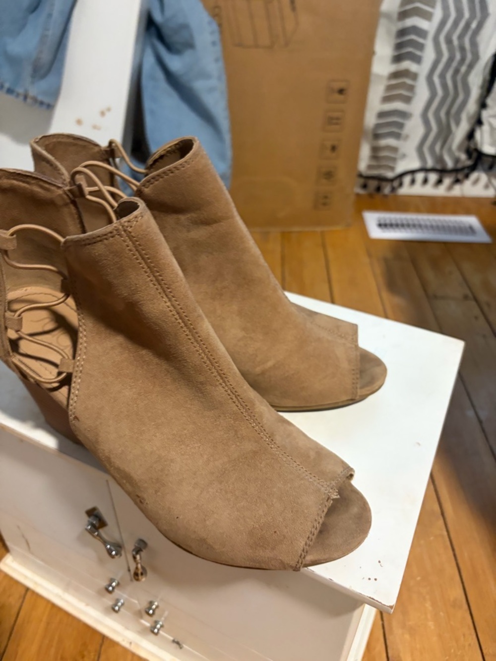 Sugar Tan Suede Peep-Toe Lace-Up Mules